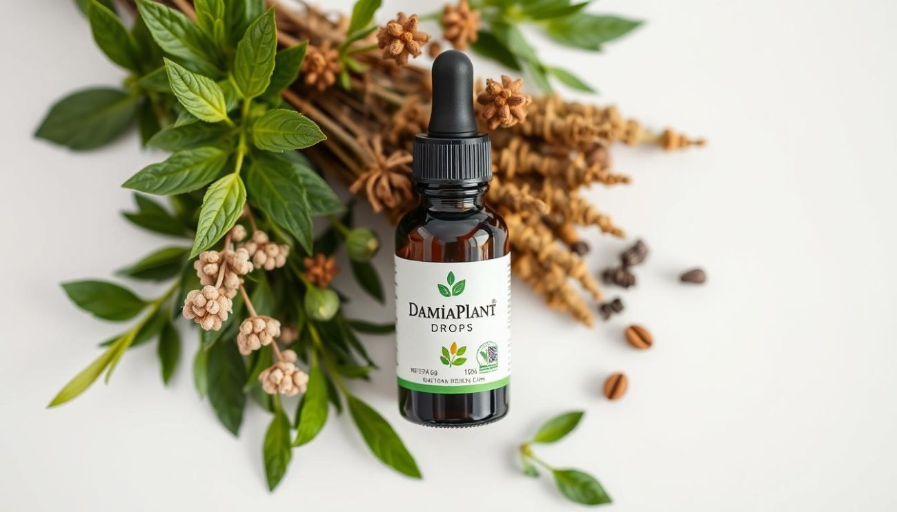 Bottle of Damiaplant Drops with natural ingredients in the background